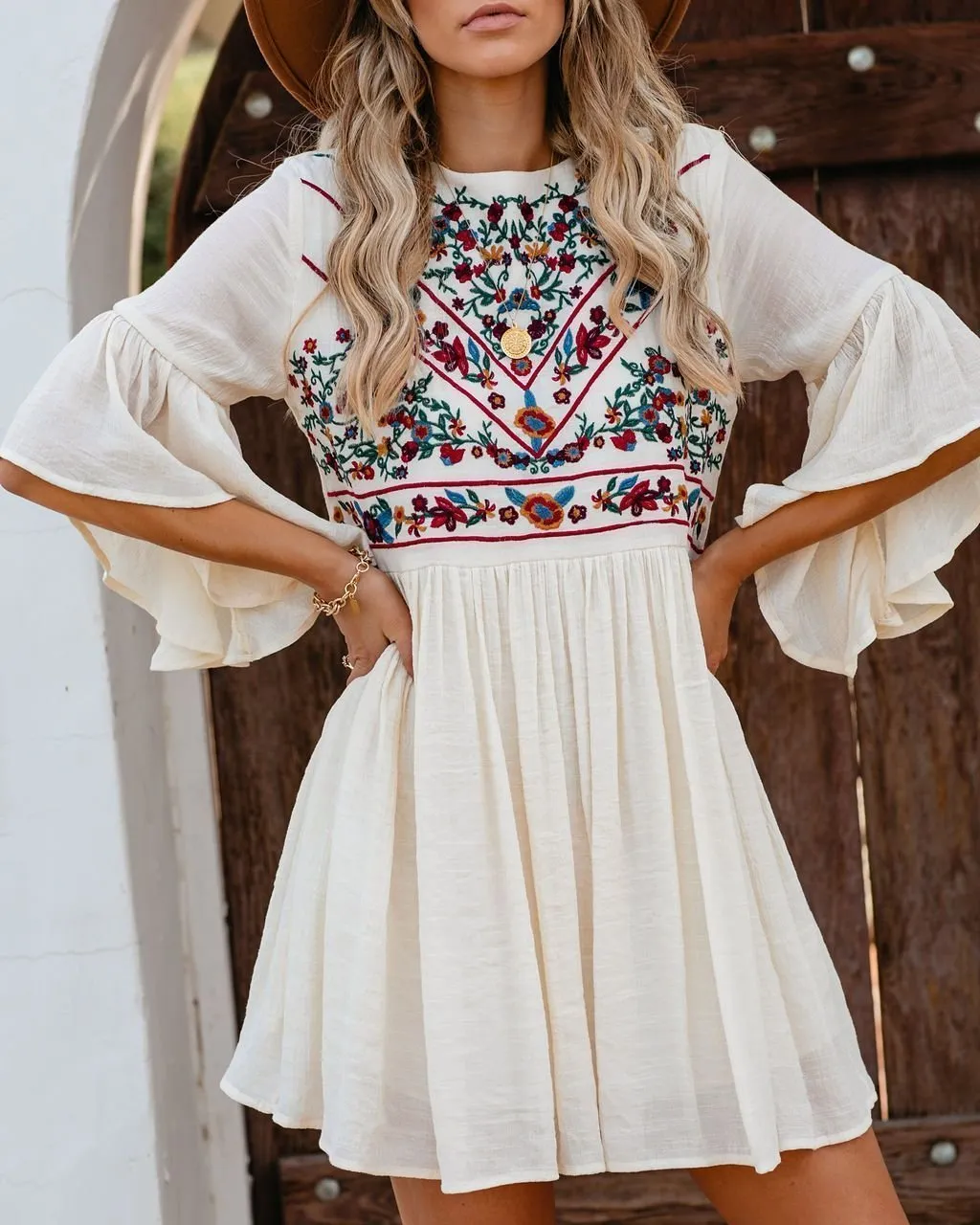 Boho Soul Embroidered Dress - Natural