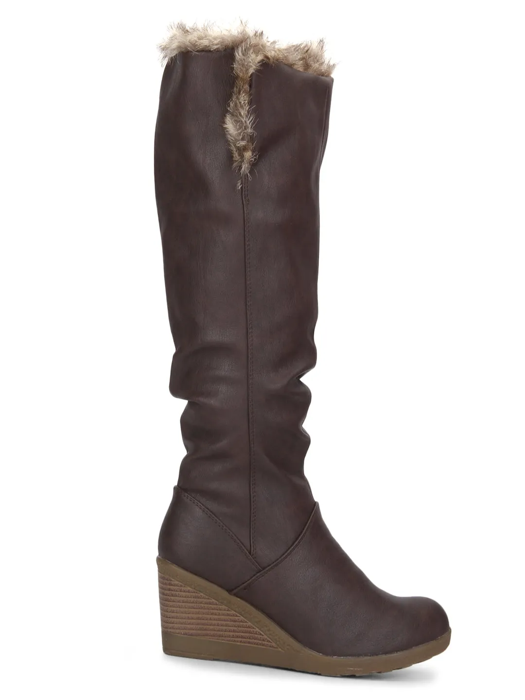 Brown Nubuck Fur Down Collar Mid Calf Long Boot