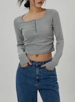 Button Neck Long Sleeve Cropped Top CD21