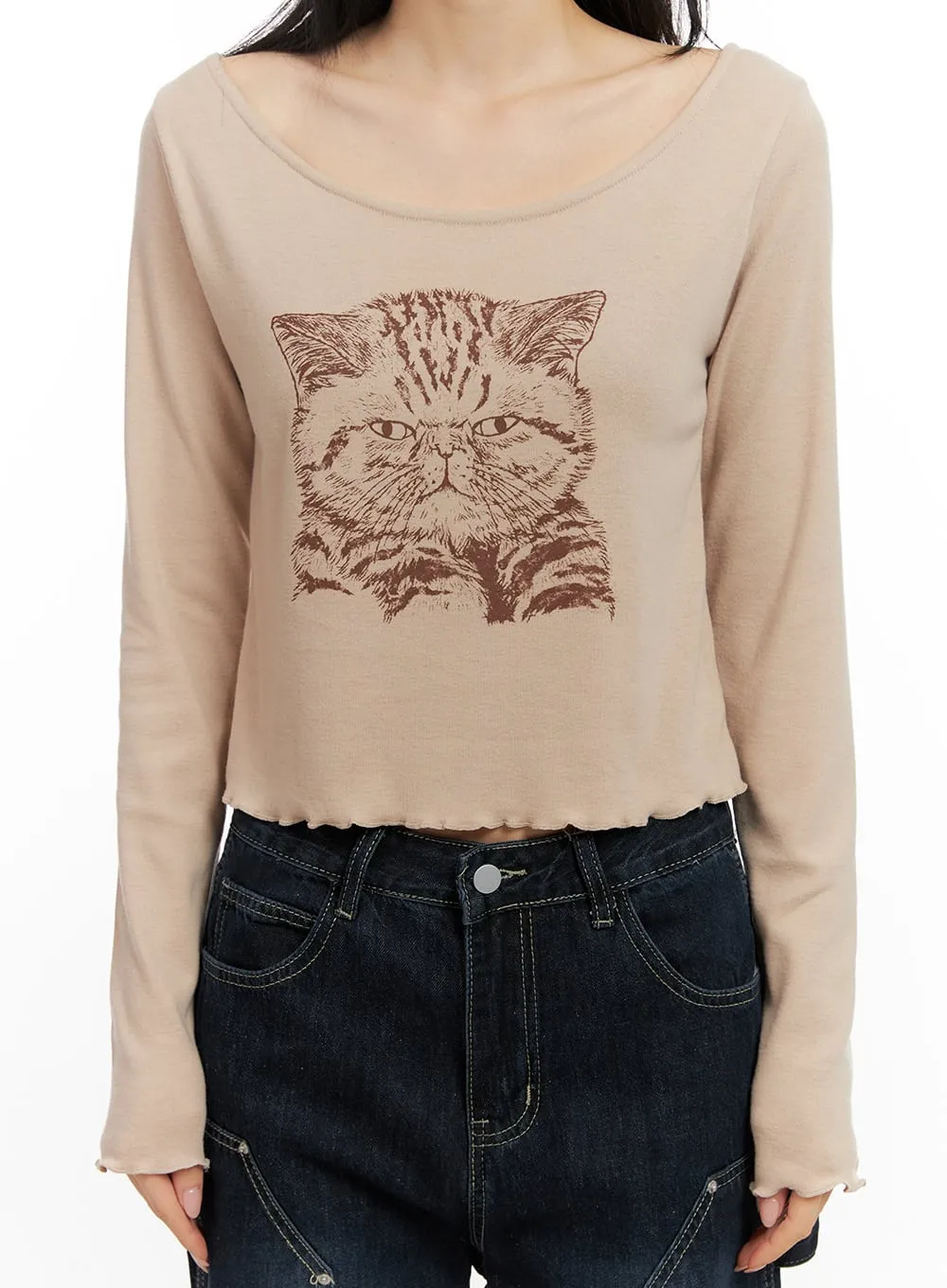 Cat Graphic Print Cropped Shirt CN416