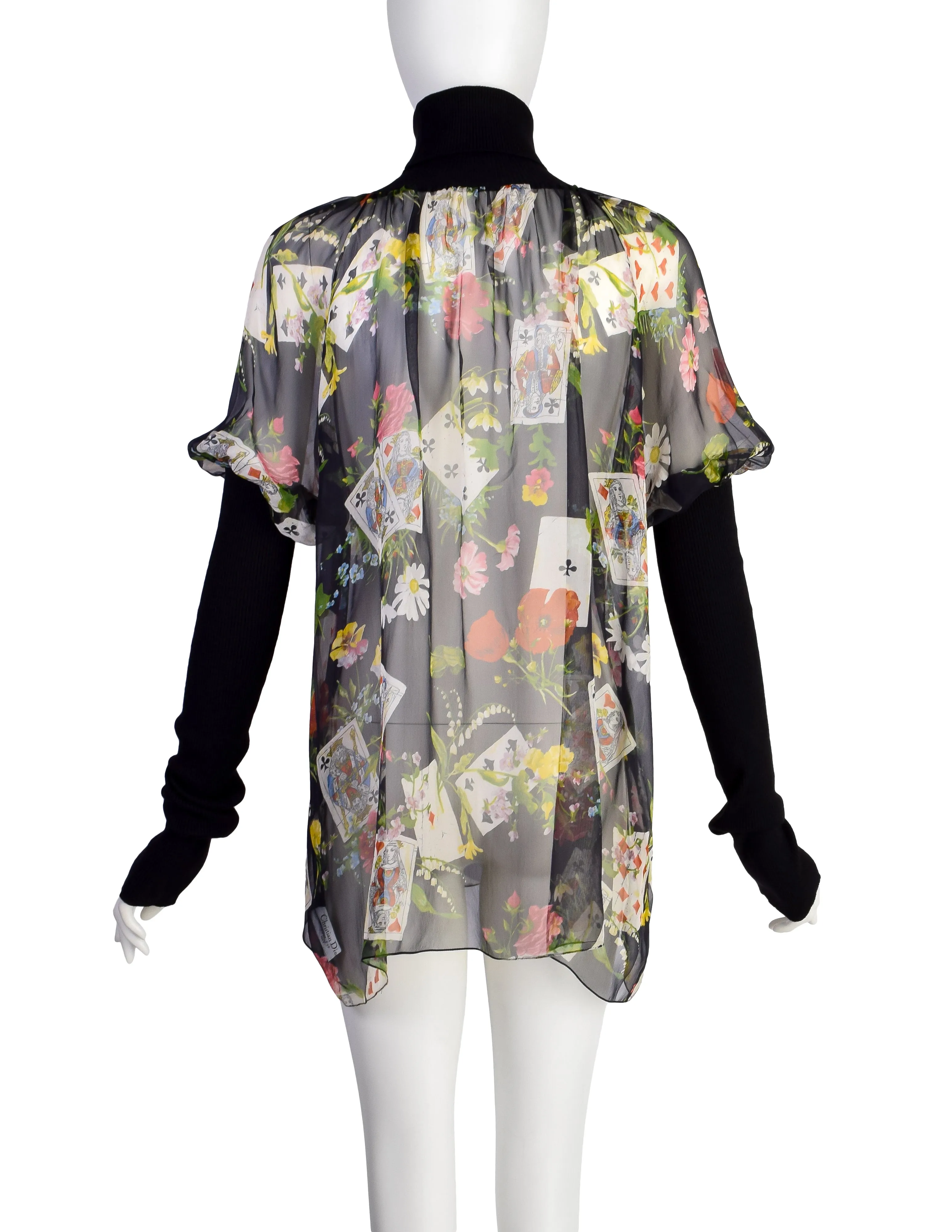 Christian Dior Vintage AW 2002 by John Galliano Floral Playing Card Print Silk Chiffon Rubbed Turtleneck Top