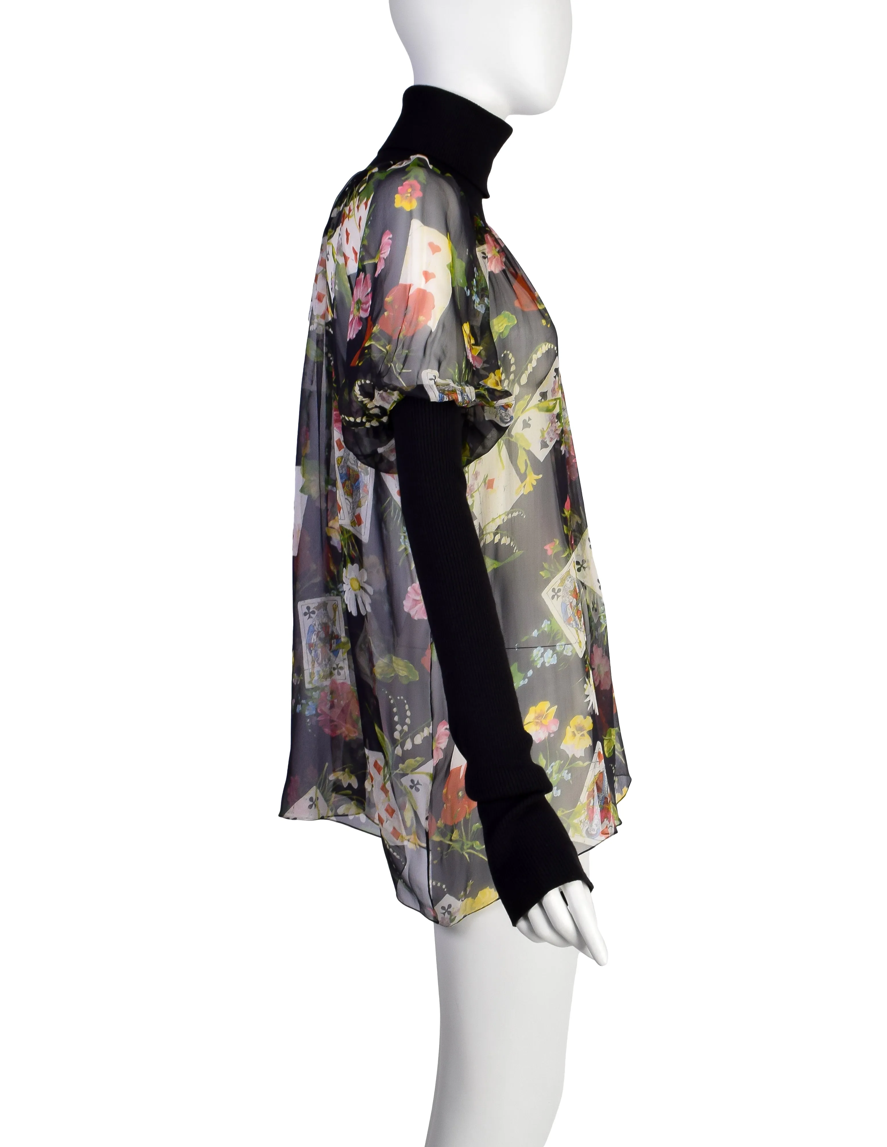 Christian Dior Vintage AW 2002 by John Galliano Floral Playing Card Print Silk Chiffon Rubbed Turtleneck Top