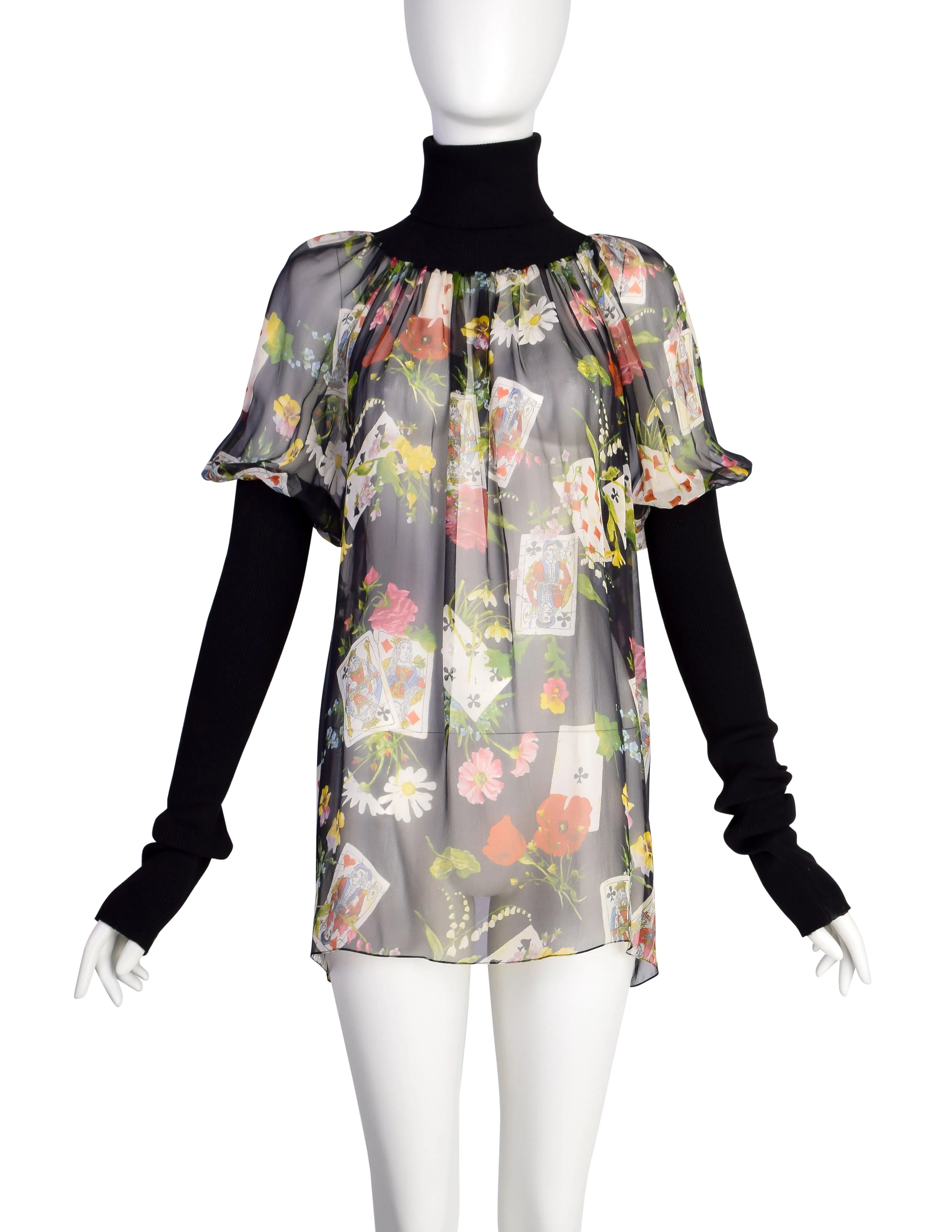 Christian Dior Vintage AW 2002 by John Galliano Floral Playing Card Print Silk Chiffon Rubbed Turtleneck Top