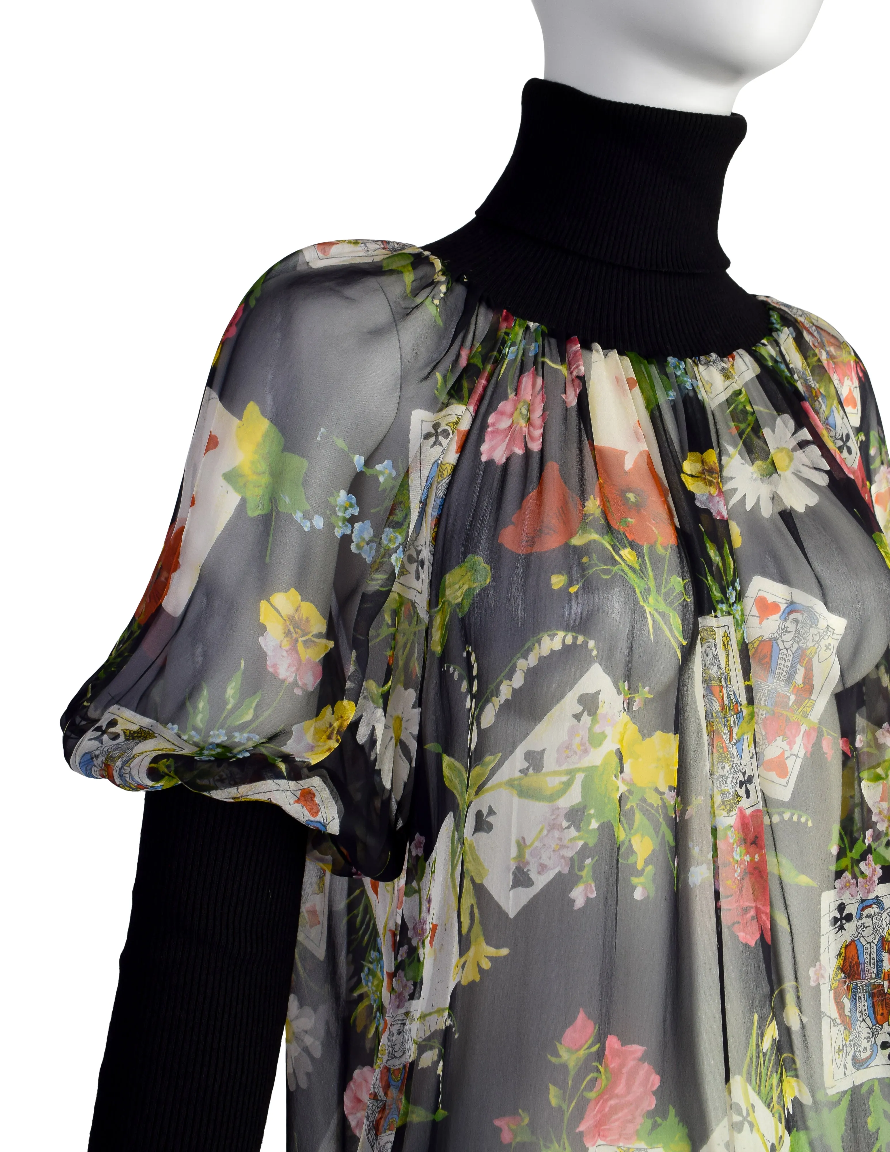 Christian Dior Vintage AW 2002 by John Galliano Floral Playing Card Print Silk Chiffon Rubbed Turtleneck Top