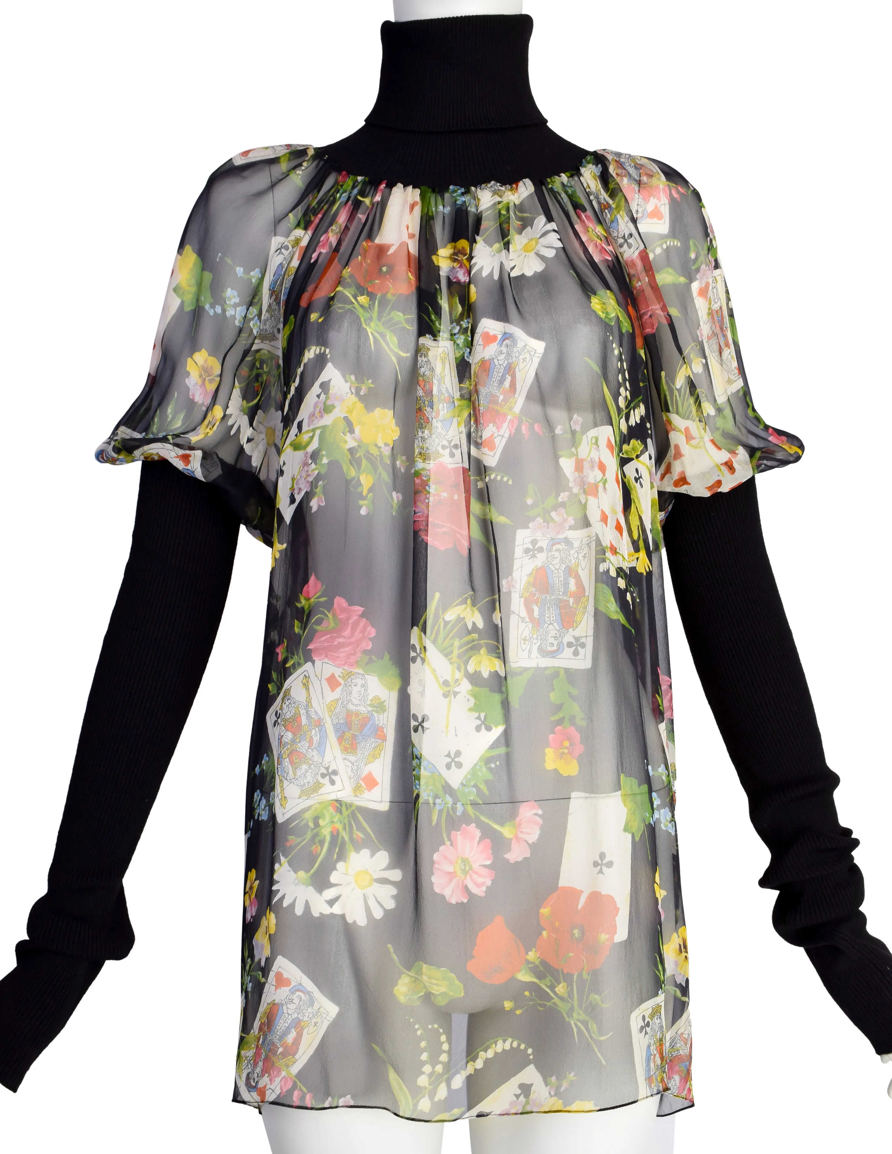 Christian Dior Vintage AW 2002 by John Galliano Floral Playing Card Print Silk Chiffon Rubbed Turtleneck Top