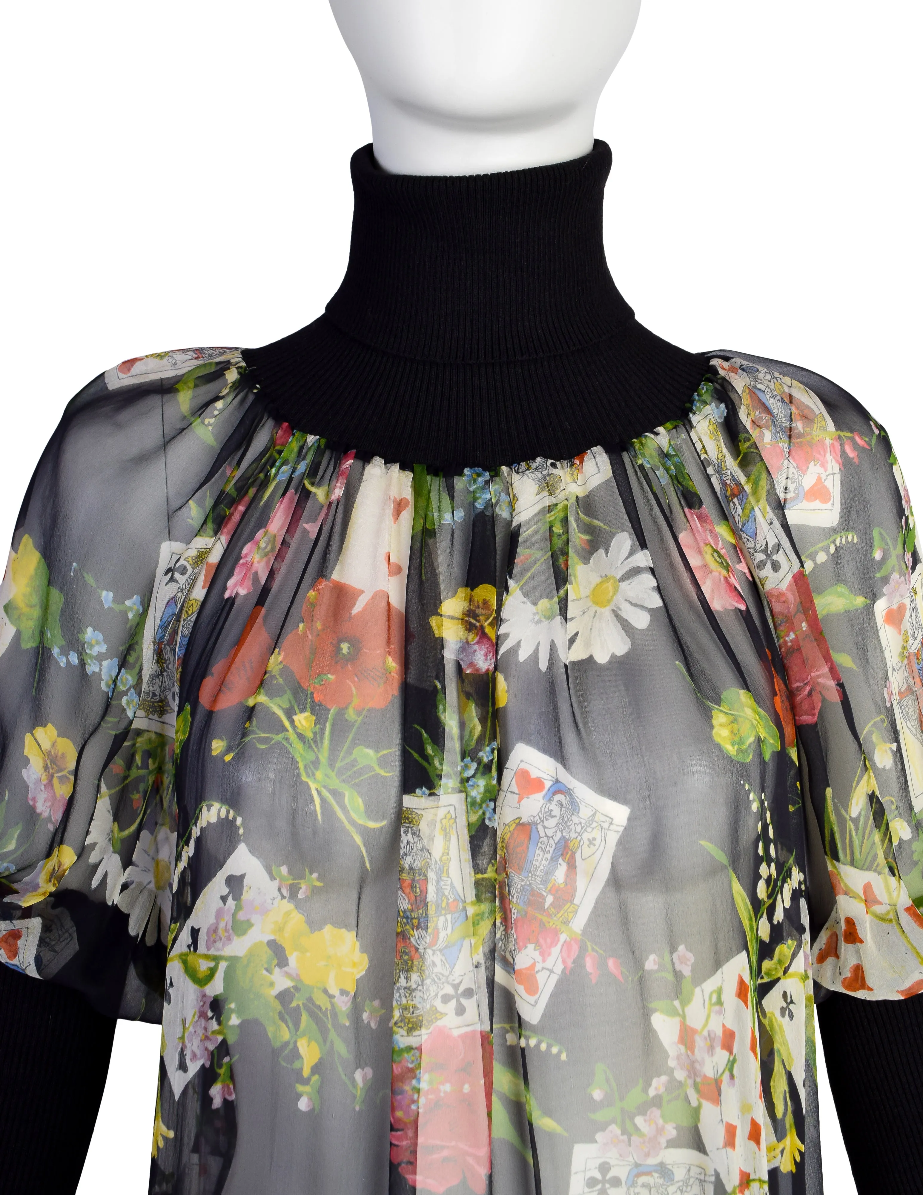 Christian Dior Vintage AW 2002 by John Galliano Floral Playing Card Print Silk Chiffon Rubbed Turtleneck Top