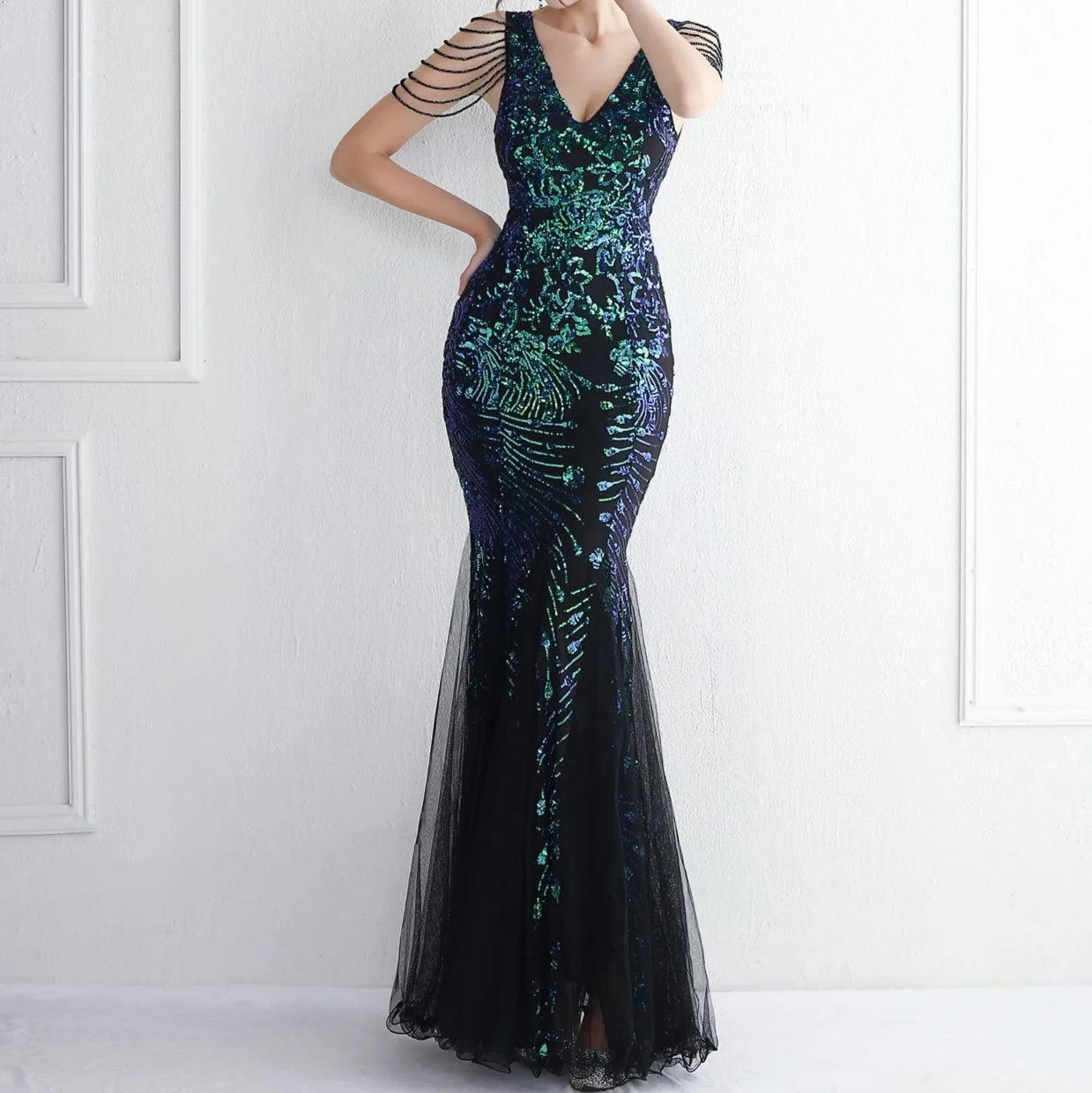 Clara Sequin Mesh Craft Beaded Maxi Dress