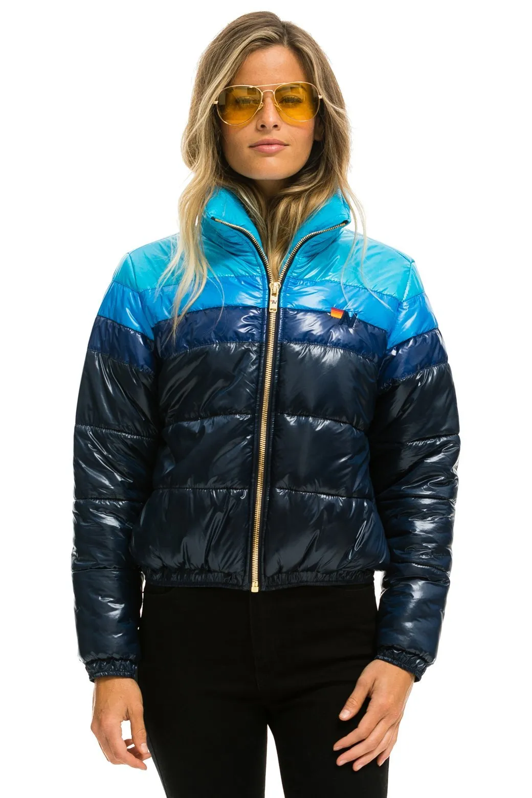 COLOR BLOCK LUXE APRES PUFFER JACKET - GLOSSY NAVY