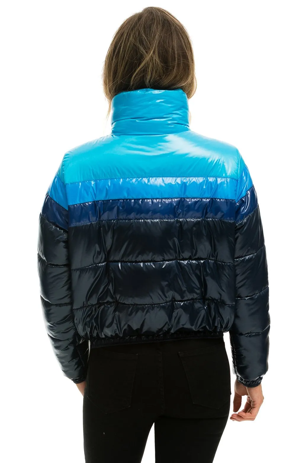 COLOR BLOCK LUXE APRES PUFFER JACKET - GLOSSY NAVY