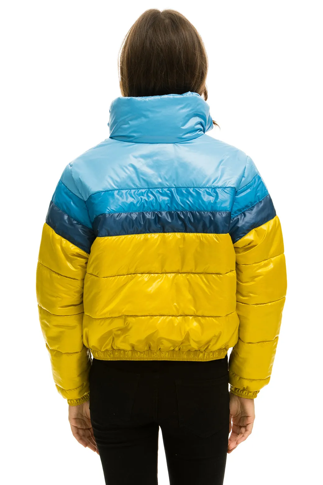 COLOR BLOCK LUXE APRES PUFFER JACKET - HONEY GLOSSY