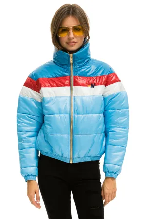 COLOR BLOCK LUXE APRES PUFFER JACKET - SKY GLOSSY