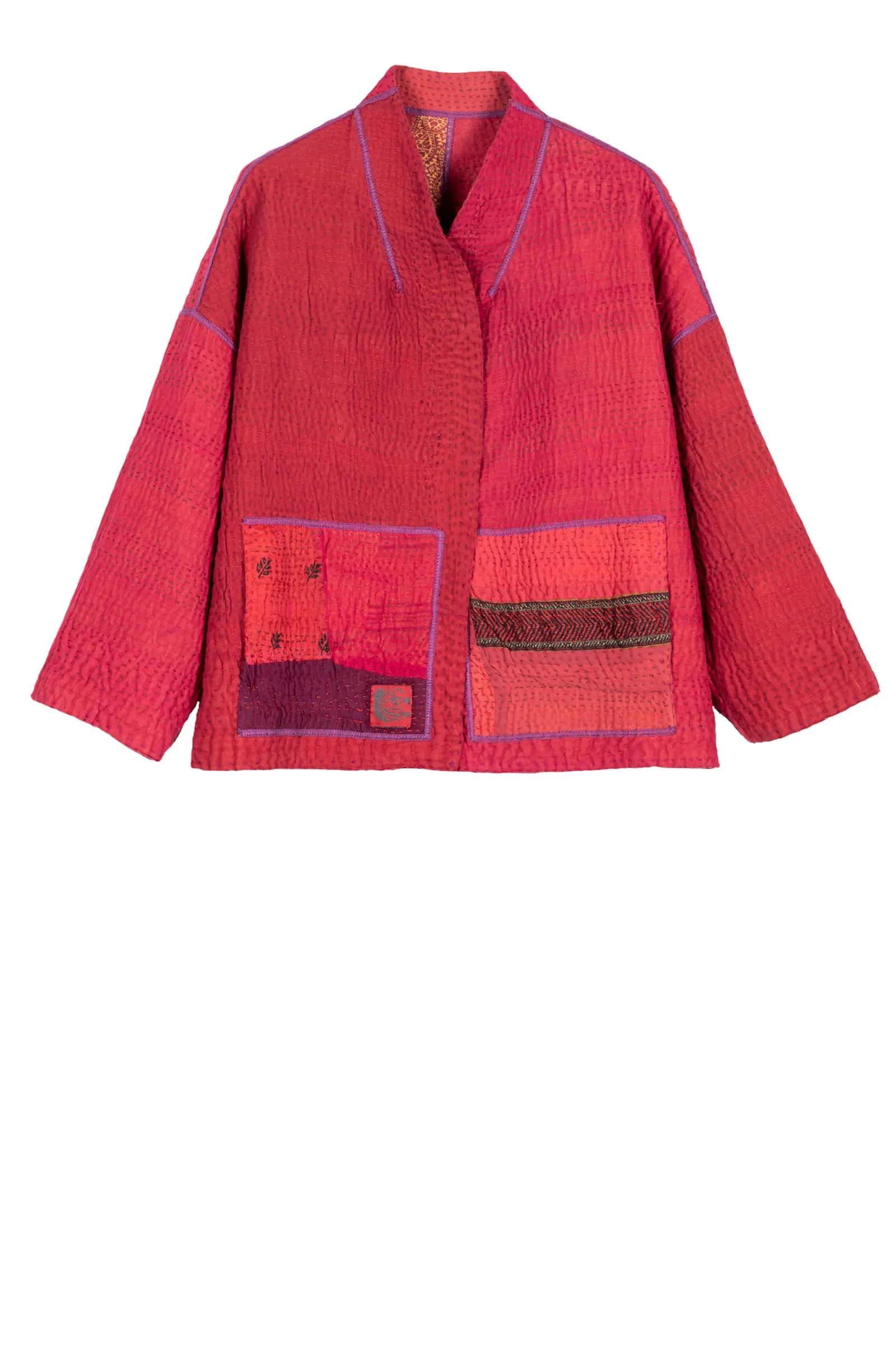 COTTON SILK SW PATCH KANTHA STAND COLLAR CROPPED JKT