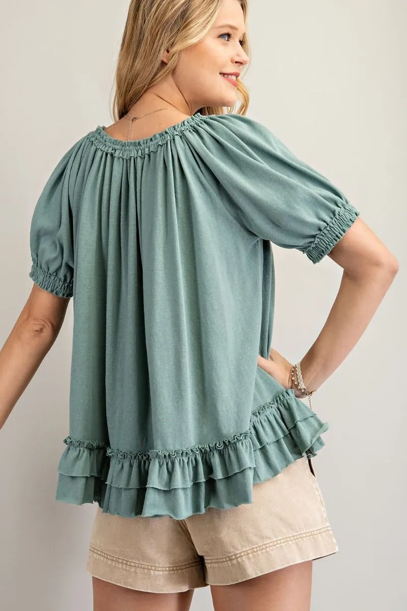 Cotton slub button-down top with double ruffle front