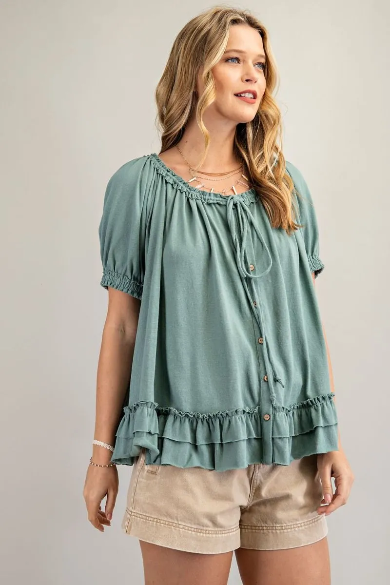 Cotton slub button-down top with double ruffle front