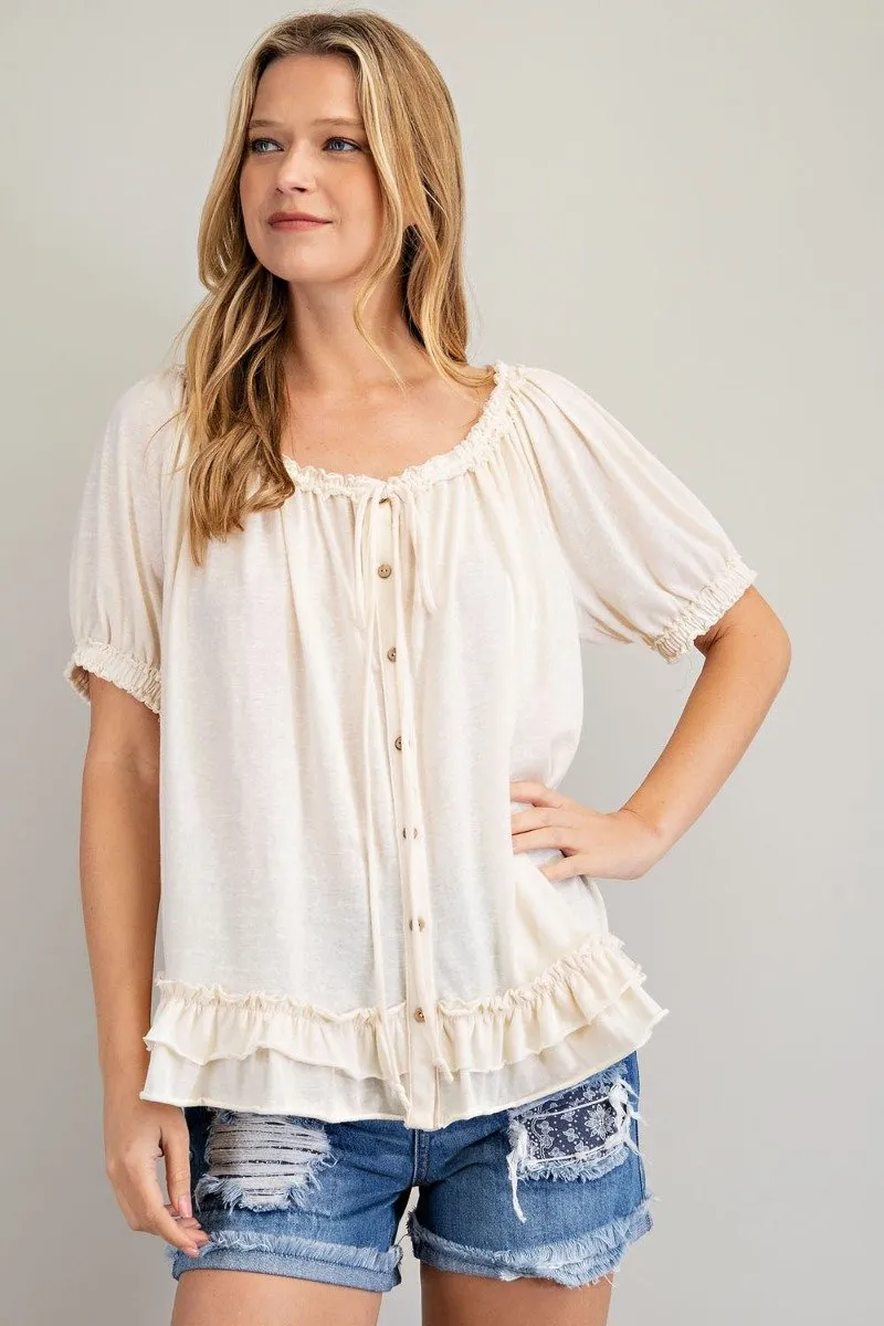 Cotton slub button-down top with double ruffle front