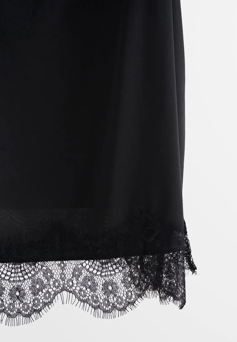 Courtney Cowl Neckline Satin Lace Night Dress - Black