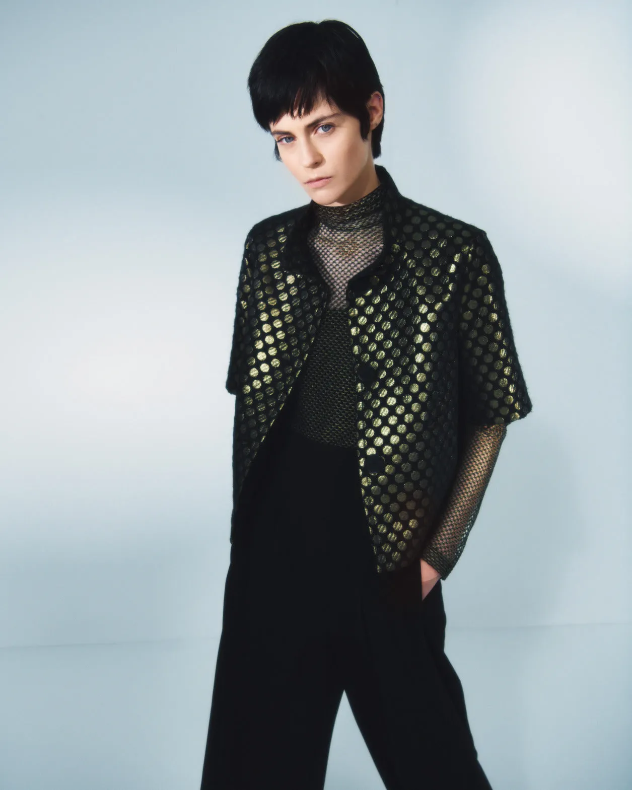 Cropped Cotton Jacket with Metallic Polka Dot Jacquard