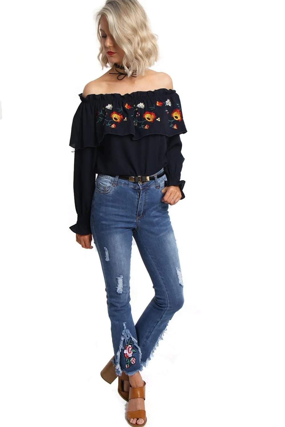 Cropped Flare Floral Embroidered Frayed Hem Stretch Jeans