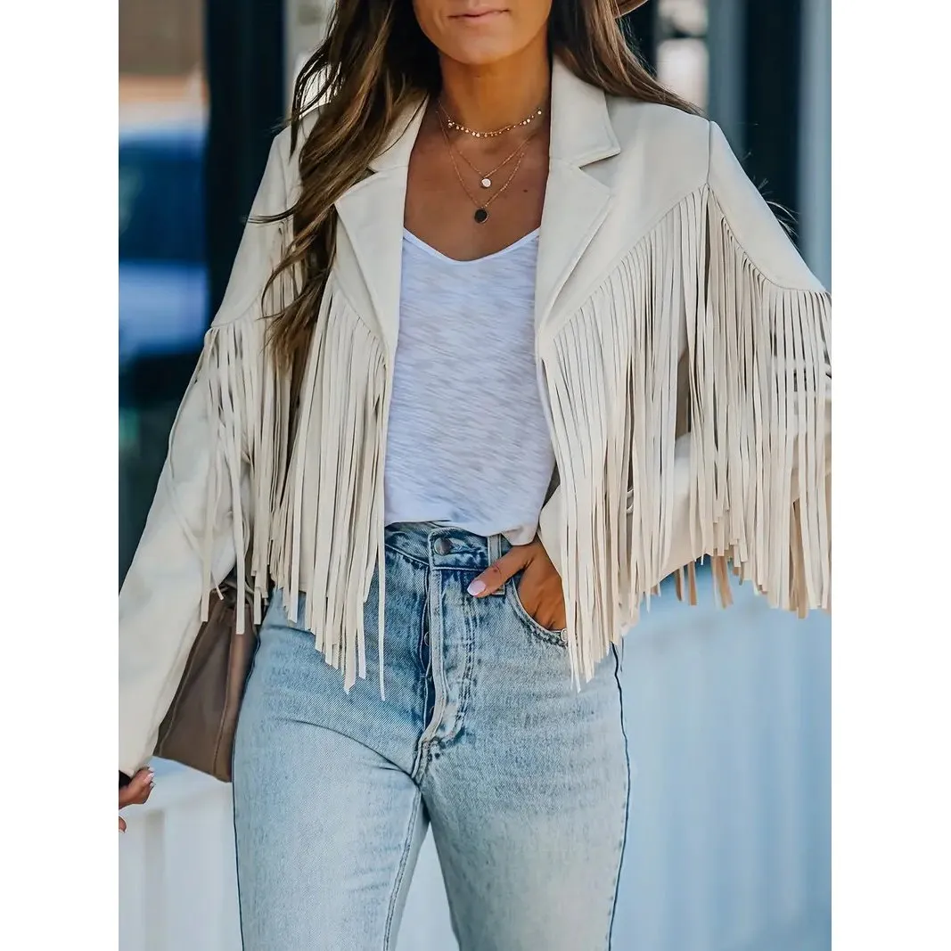 Cropped Fringe Suede Faux Leather Motorcycle Jacket Fashion Tassel Lightweight Solid Jacket Womens Clothing