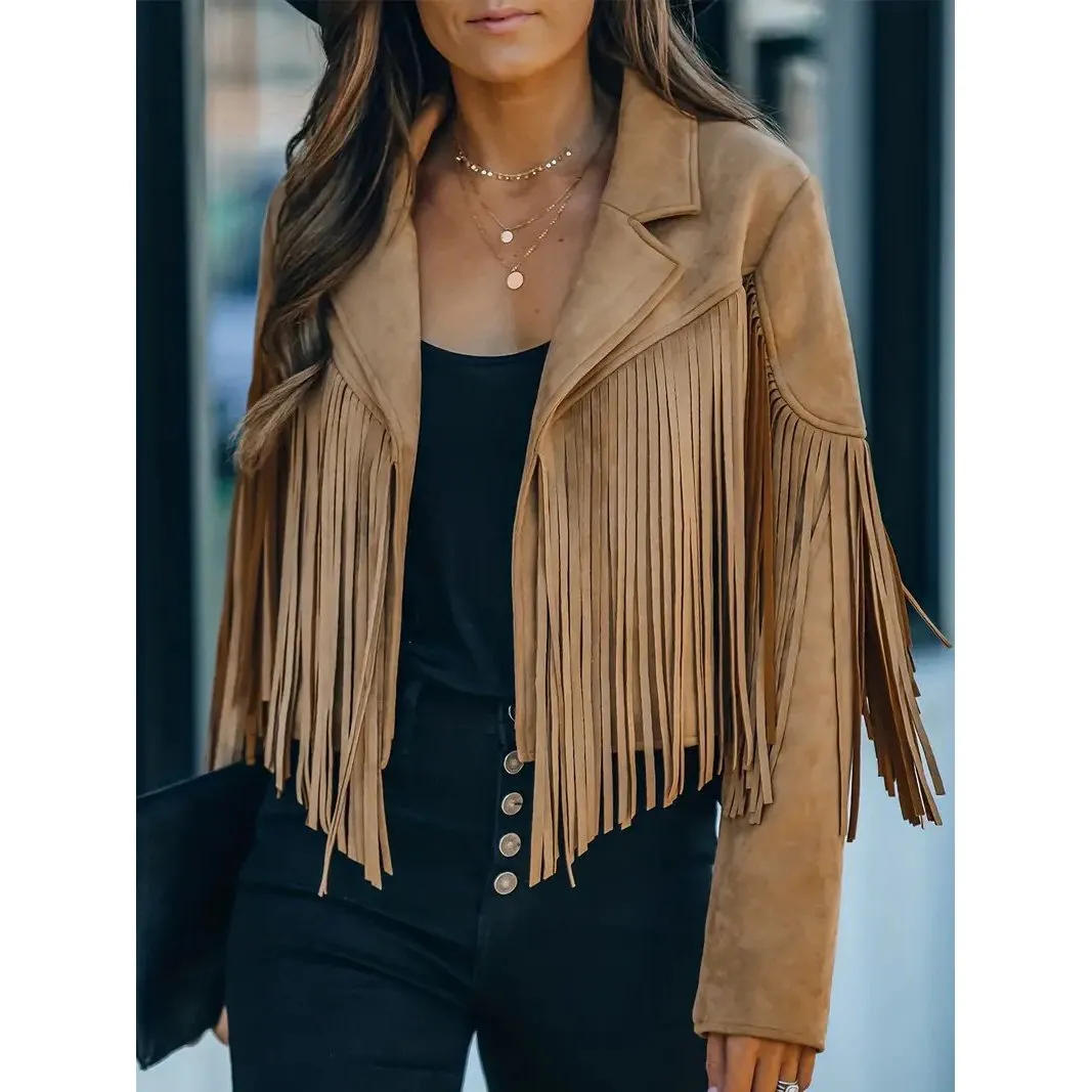 Cropped Fringe Suede Faux Leather Motorcycle Jacket Fashion Tassel Lightweight Solid Jacket Womens Clothing