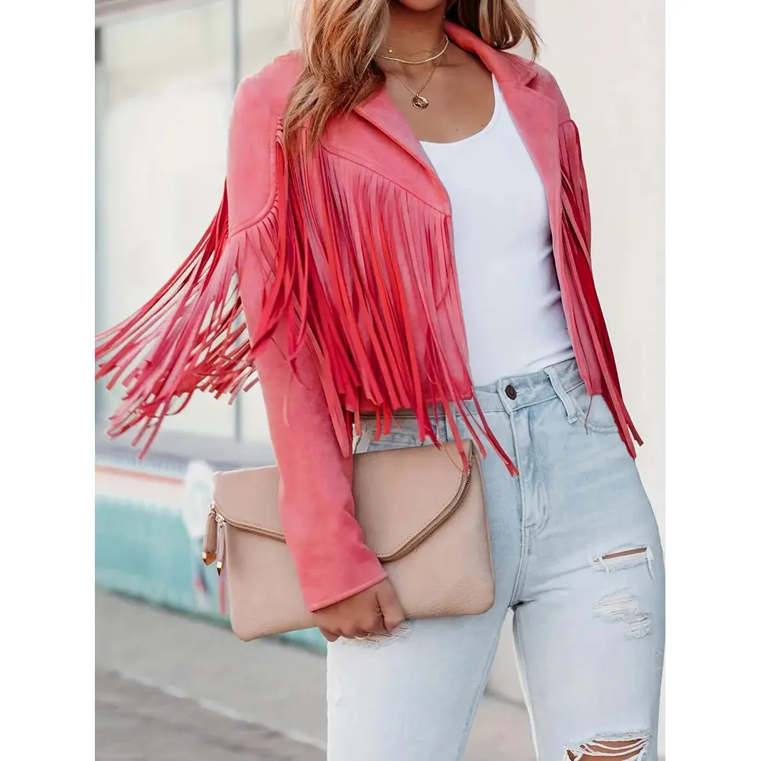 Cropped Fringe Suede Faux Leather Motorcycle Jacket Fashion Tassel Lightweight Solid Jacket Womens Clothing