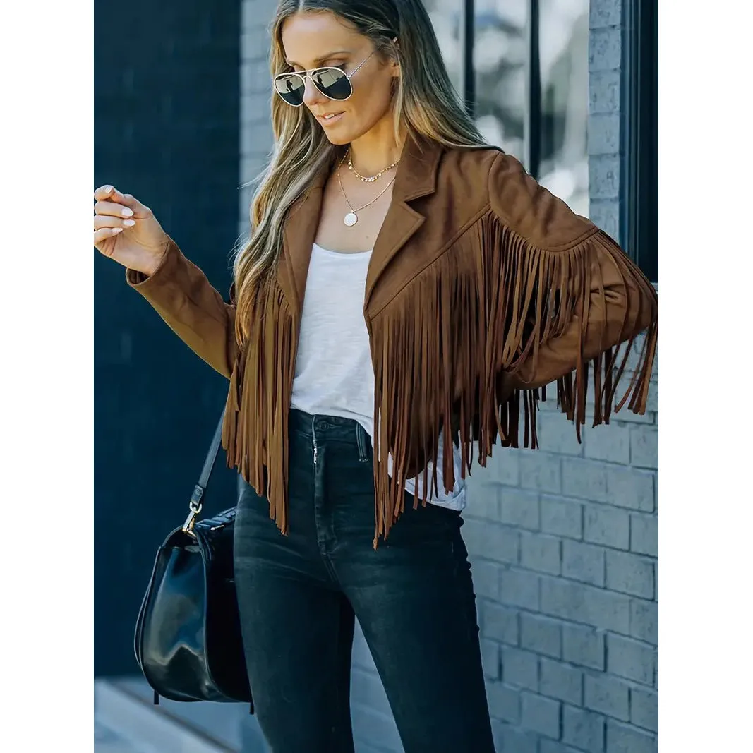 Cropped Fringe Suede Faux Leather Motorcycle Jacket Fashion Tassel Lightweight Solid Jacket Womens Clothing