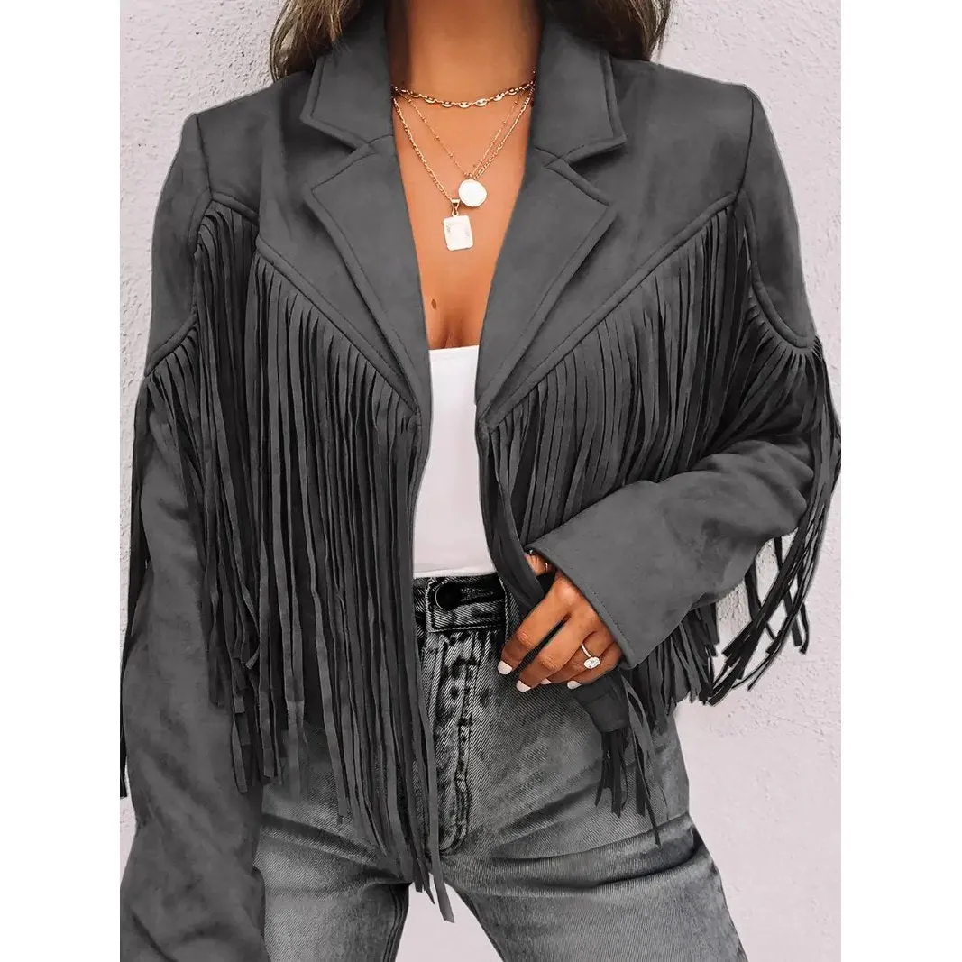 Cropped Fringe Suede Faux Leather Motorcycle Jacket Fashion Tassel Lightweight Solid Jacket Womens Clothing