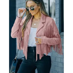 Cropped Fringe Suede Faux Leather Motorcycle Jacket Fashion Tassel Lightweight Solid Jacket Womens Clothing