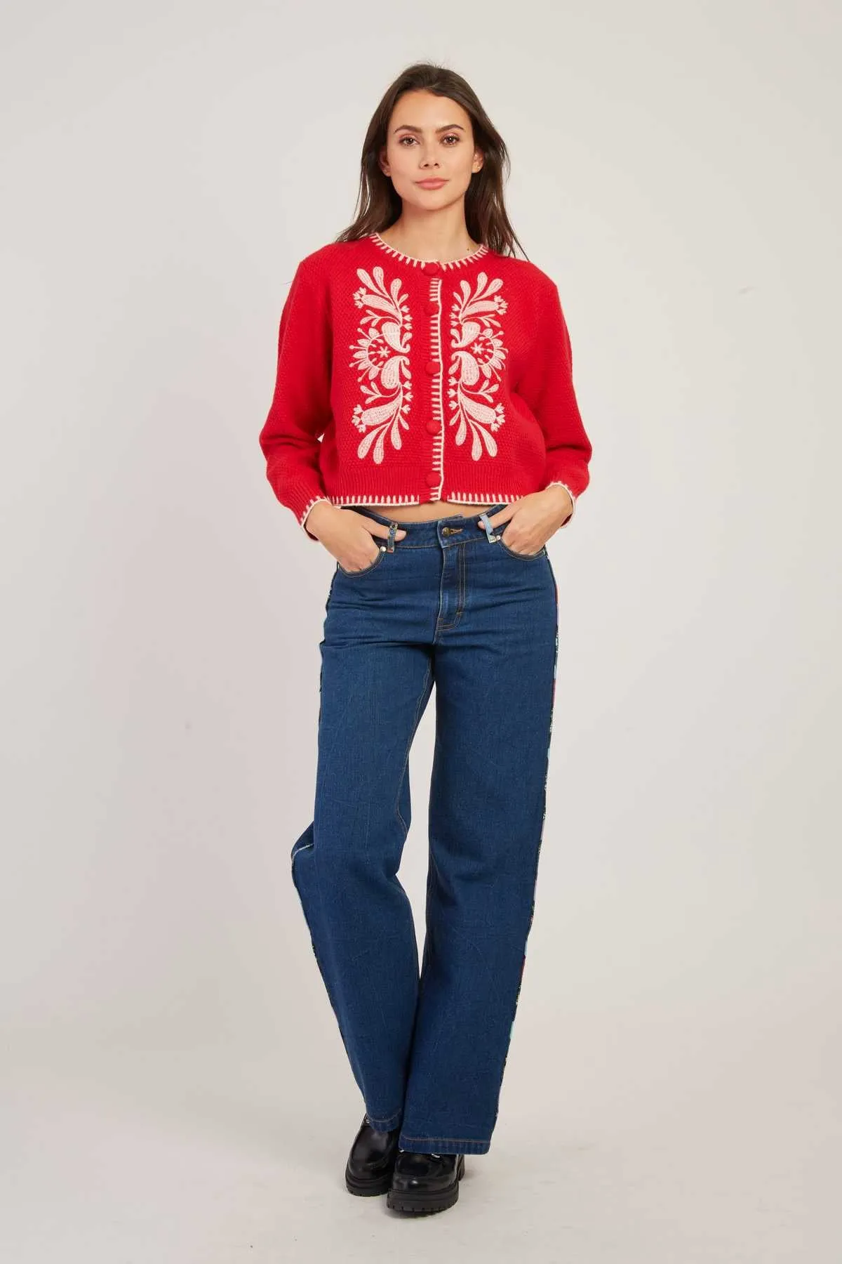 Dalila Embroidered Cardigan-  Red