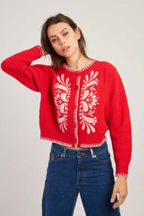 Dalila Embroidered Cardigan-  Red