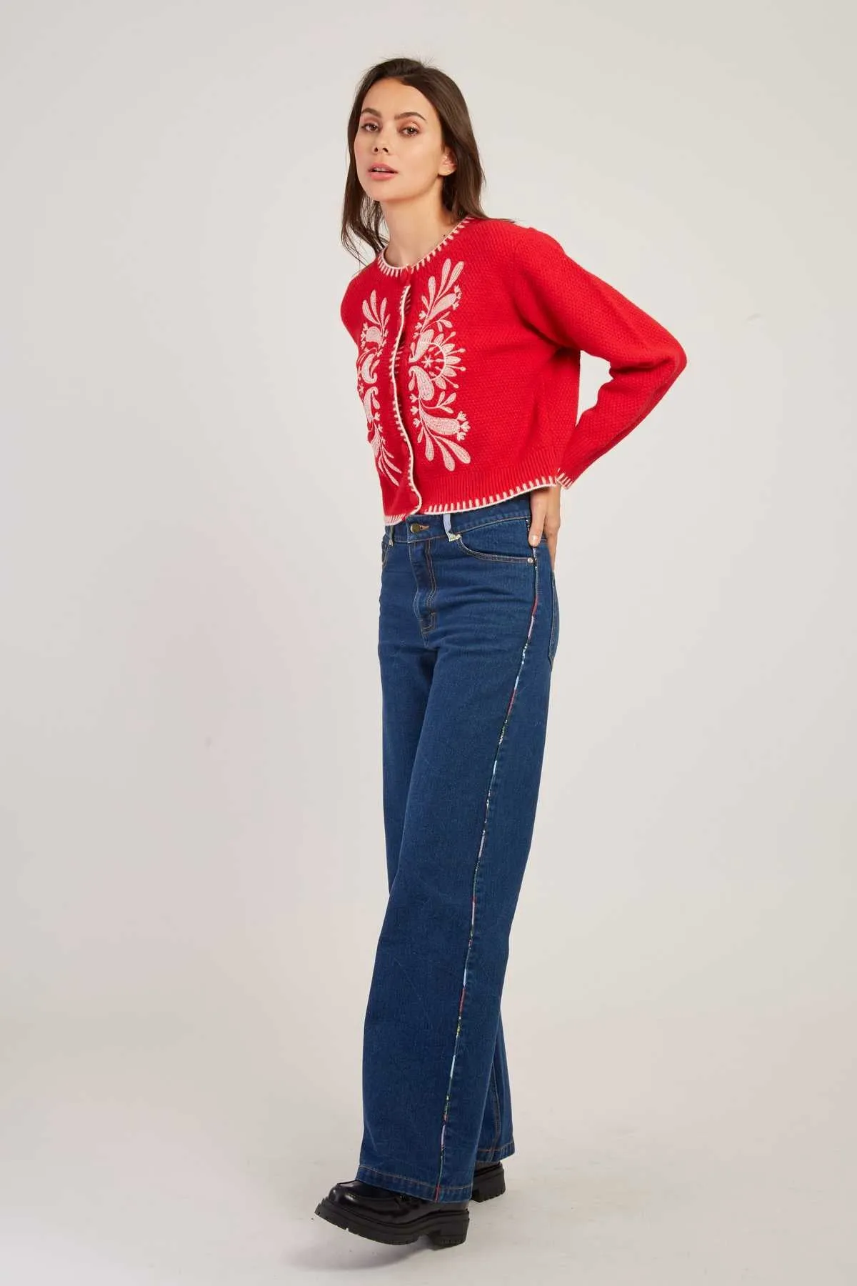 Dalila Embroidered Cardigan-  Red