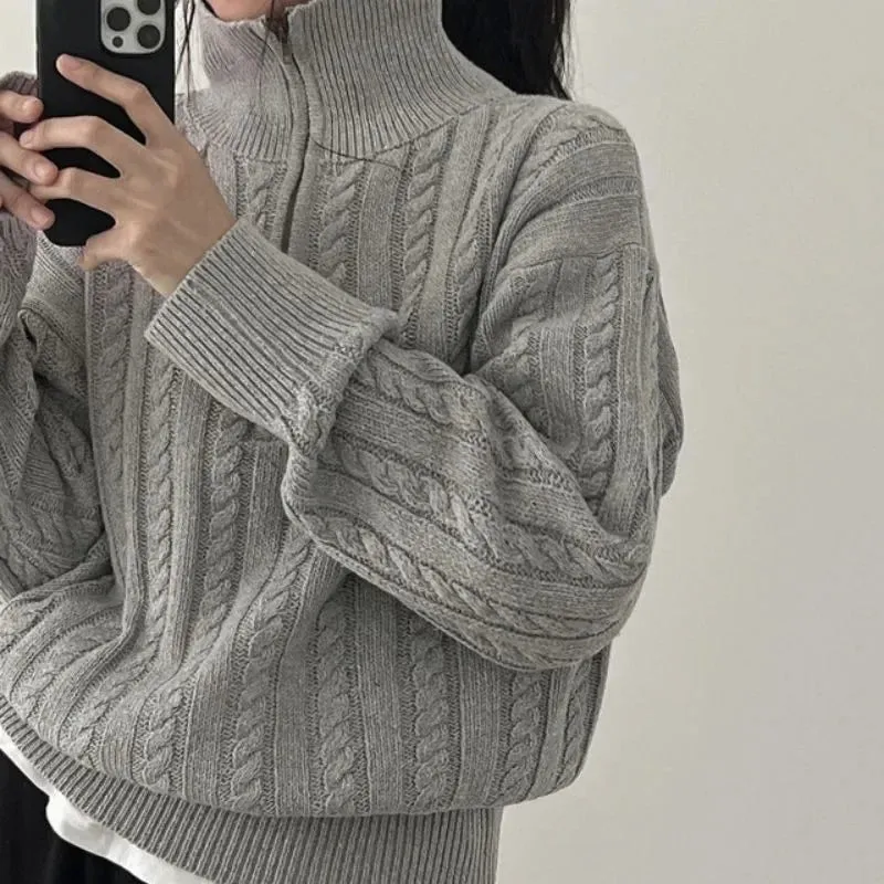 Deeptown Vintage Half Zipper Women Sweaters Korean Fashion Long Sleeve Knitted Pullover Loose Casual Thermal Knitwear Autumn