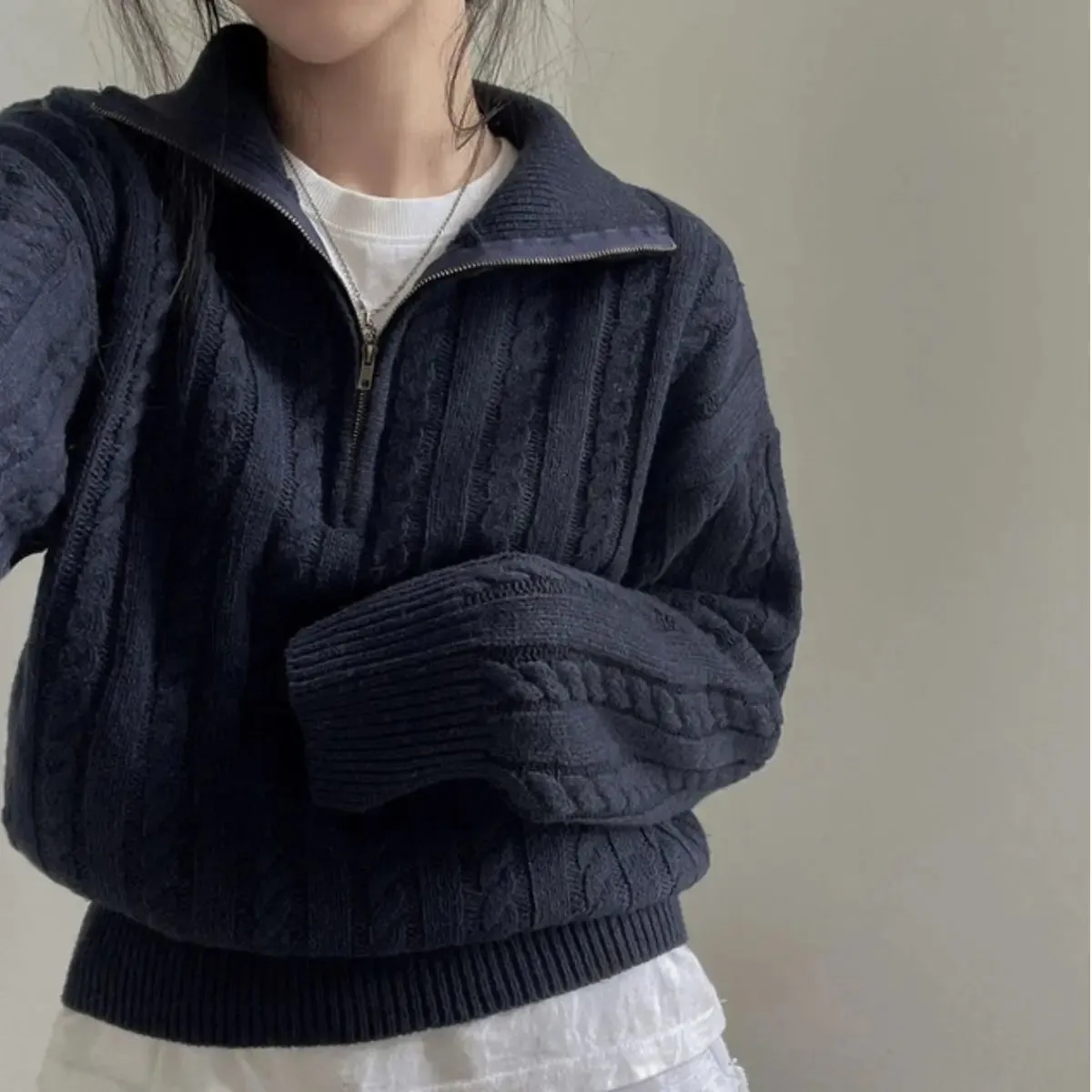 Deeptown Vintage Half Zipper Women Sweaters Korean Fashion Long Sleeve Knitted Pullover Loose Casual Thermal Knitwear Autumn