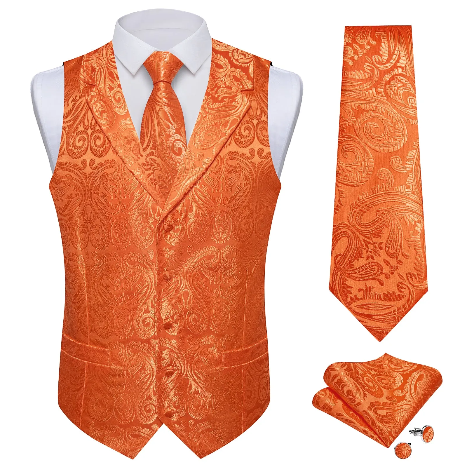 DiBanGu Flame Orange Paisley Notched Collar Silk Mens Vest Tie Set