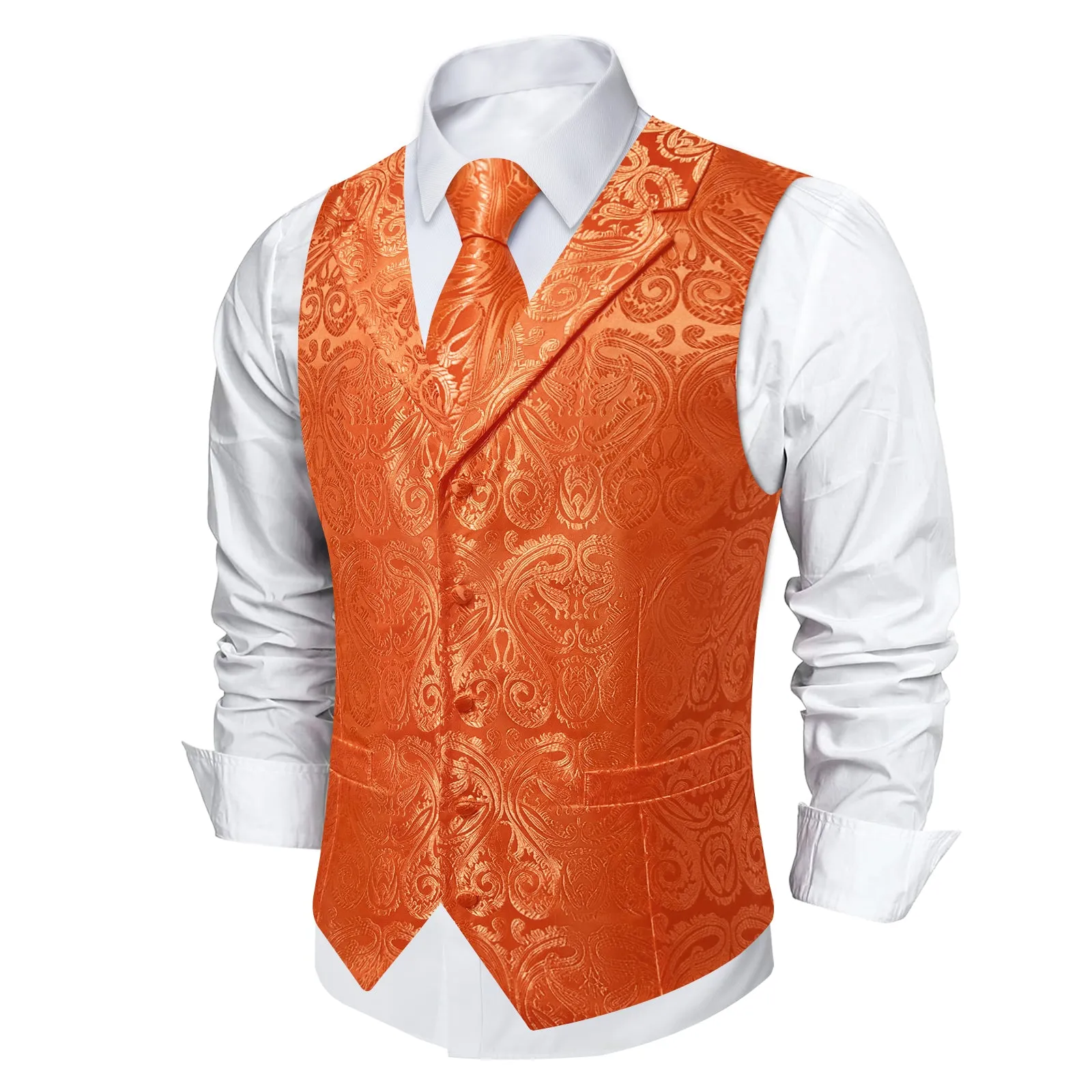 DiBanGu Flame Orange Paisley Notched Collar Silk Mens Vest Tie Set