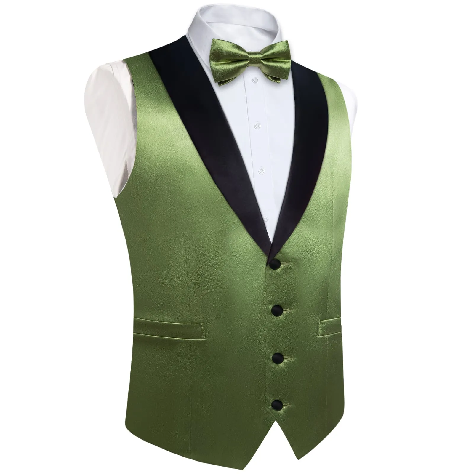 DiBanGu Tuxedo Vest Asparagus Green Solid Silk Mens Vest and Bow Tie Set for Work