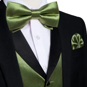 DiBanGu Tuxedo Vest Asparagus Green Solid Silk Mens Vest and Bow Tie Set for Work