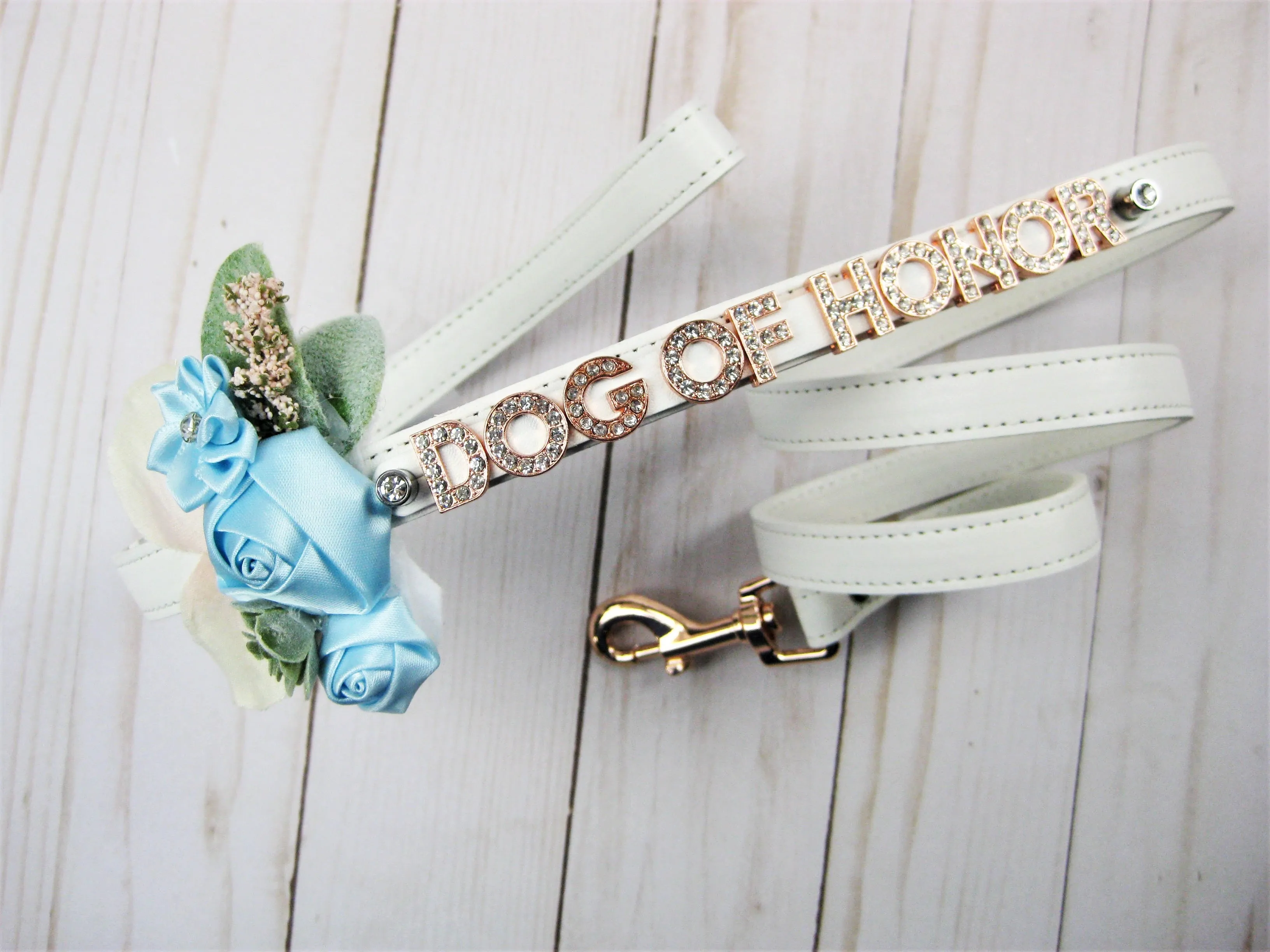 Dog of Honour Floral collar and leash | White & Rose Gold | 18 color choices