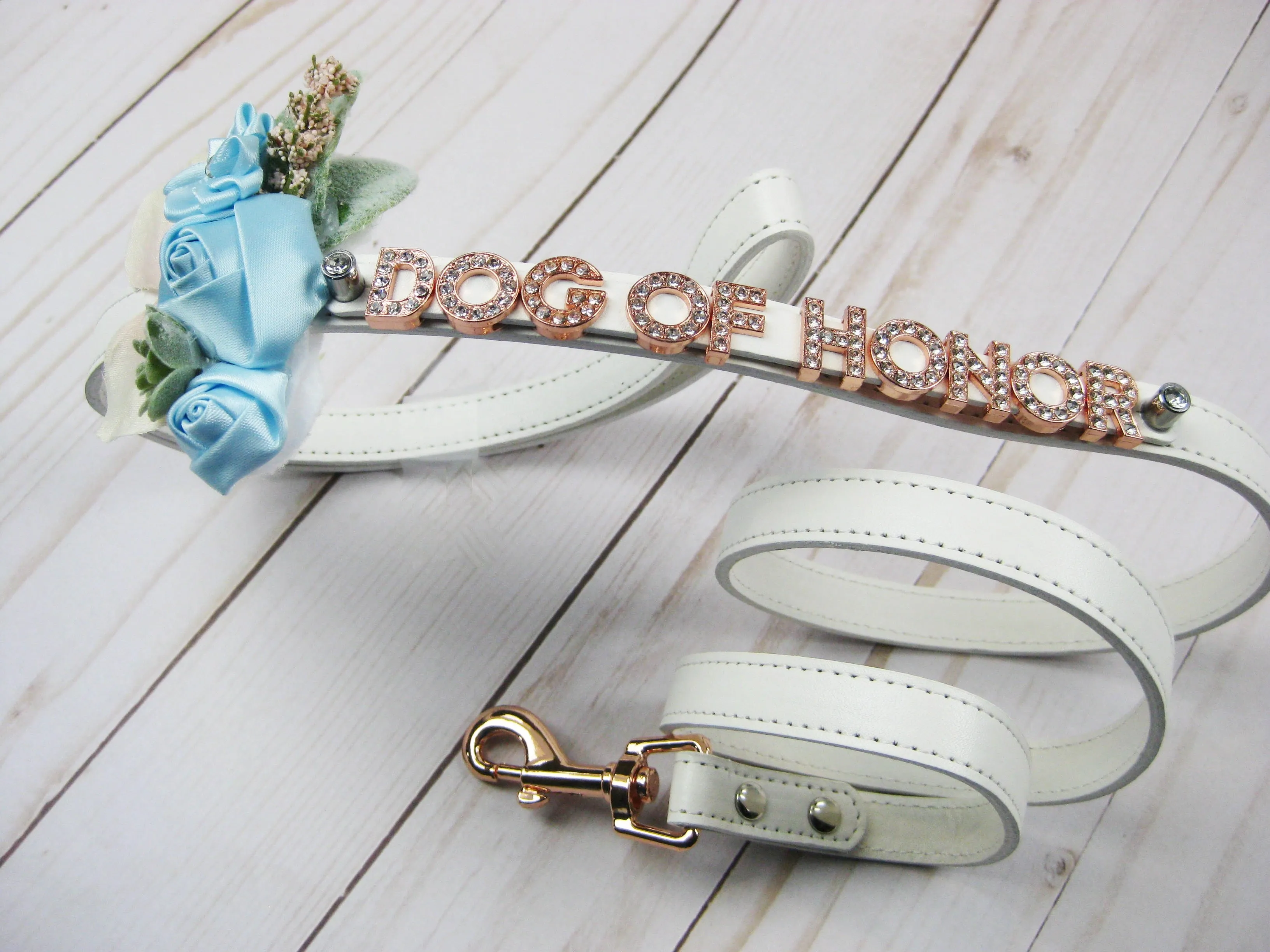 Dog of Honour Floral collar and leash | White & Rose Gold | 18 color choices