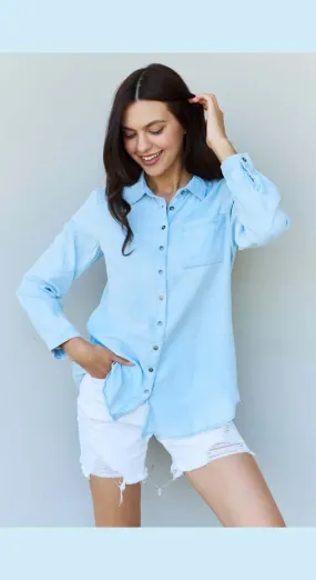 Doublju Blue Jean Baby Denim Button Down Shirt Top in Light Blue