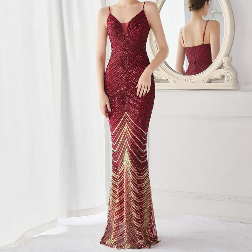 Eleanor V-neck Tassel Glitter Sequins Fishtail Maxi Dress