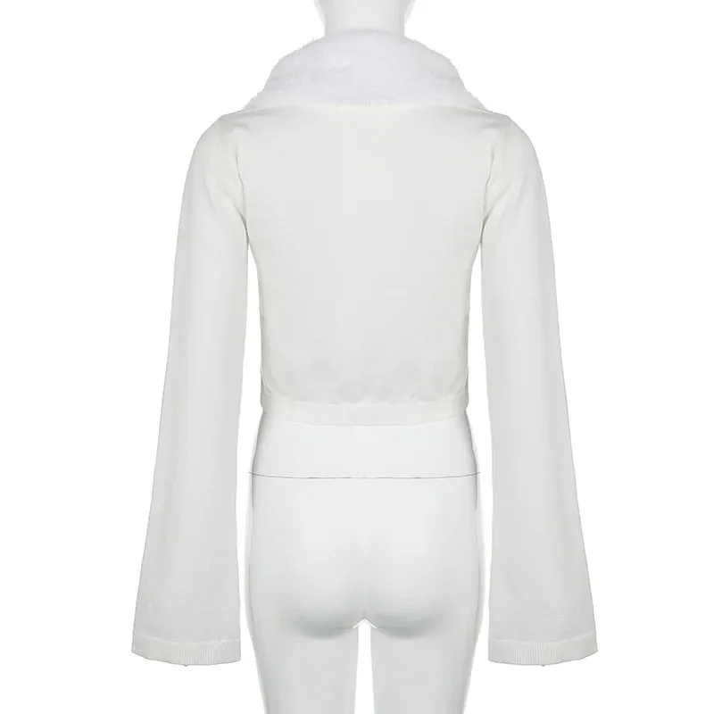 Fashion Elegant Knitted Cardigan Cropped Front Tie-Up White Autumn Jacket Women's Sweater Faux Fur Trim Fluffy Coats