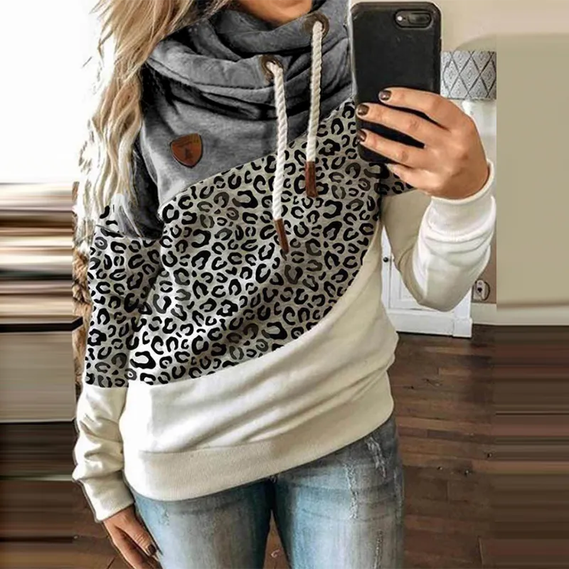 Fashionkova  Women Leopard Patchwork Hooded Sweatshirt Autumn Winter Turtleneck Warm Long Sleeve Printed Hoodies Female Drawstring Pullovers