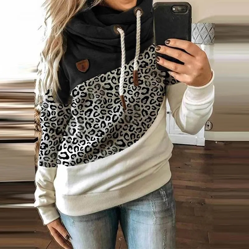 Fashionkova  Women Leopard Patchwork Hooded Sweatshirt Autumn Winter Turtleneck Warm Long Sleeve Printed Hoodies Female Drawstring Pullovers