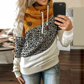 Fashionkova  Women Leopard Patchwork Hooded Sweatshirt Autumn Winter Turtleneck Warm Long Sleeve Printed Hoodies Female Drawstring Pullovers