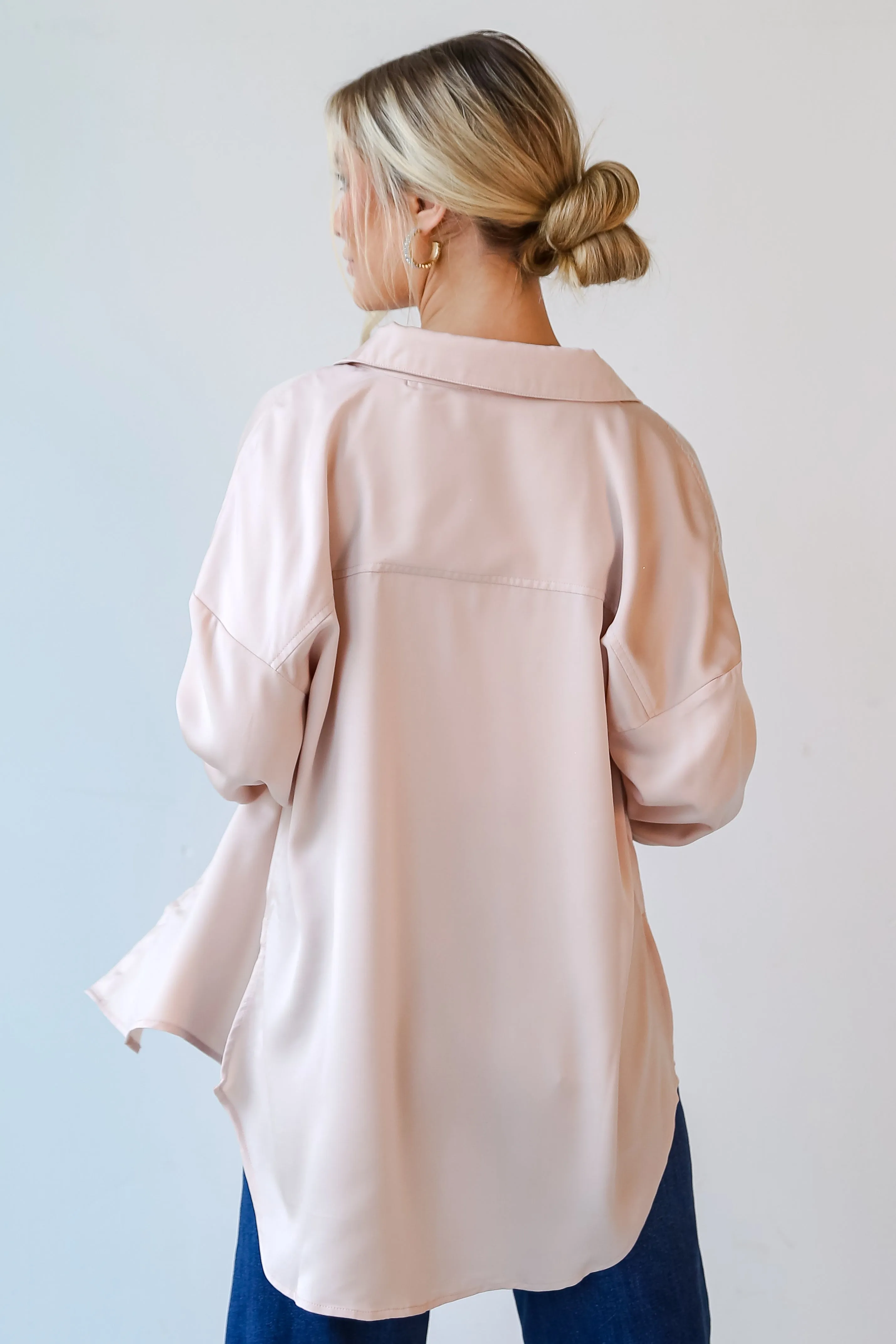 FINAL SALE - Treasured Sweetie Champagne Satin Button-Up Blouse