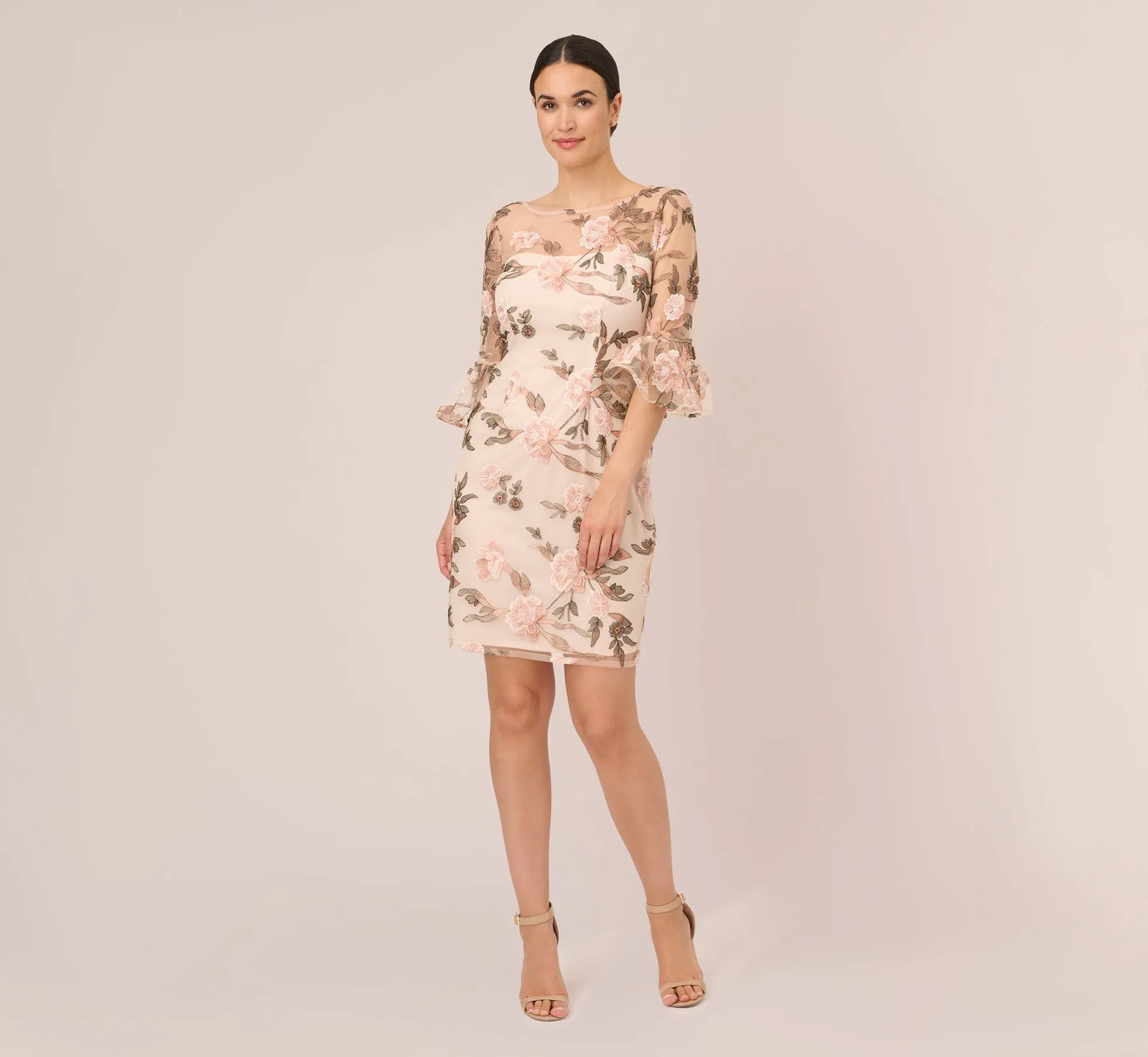 Floral Embroidered Bell Sleeve Sheath Dress In Blush Multi