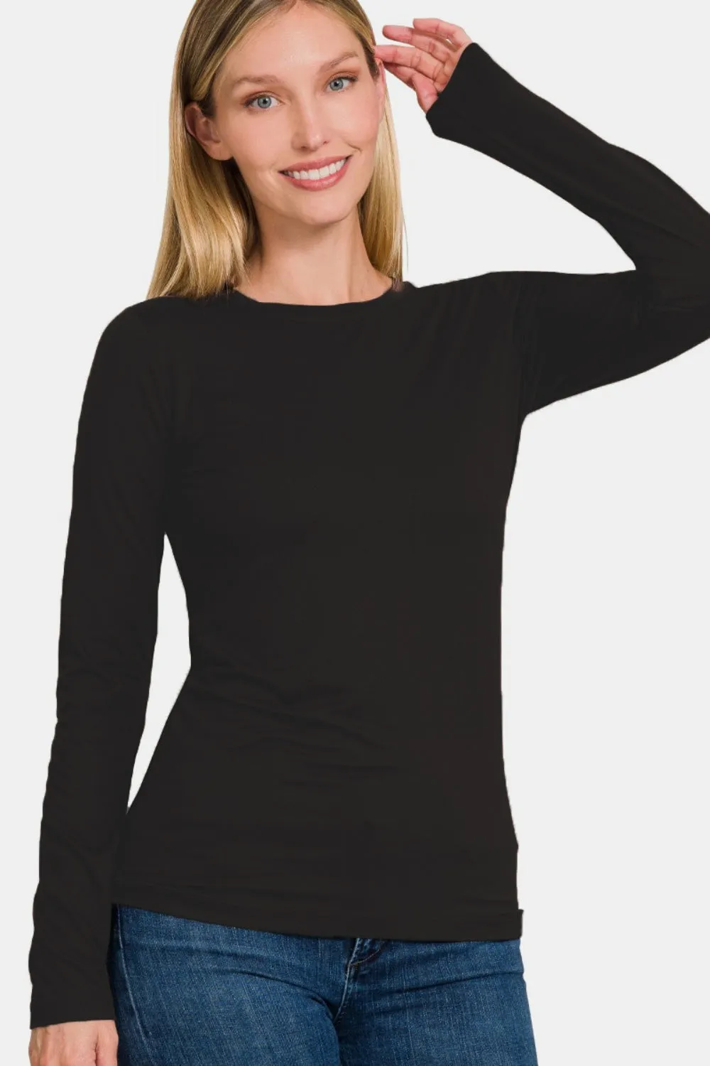 Full Size Brushed Microfiber Long Sleeve Round Neck T-Shirt