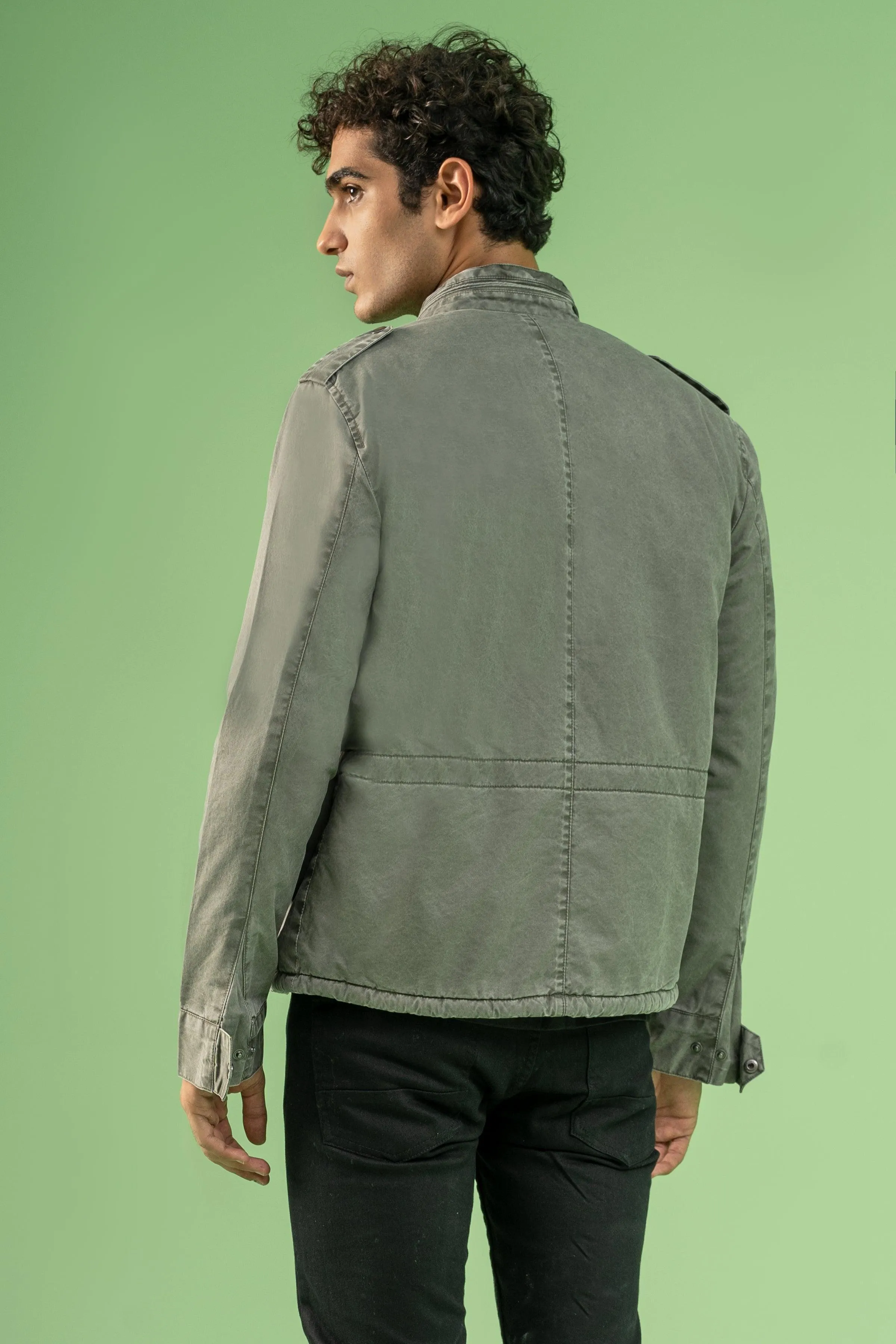 FULL SLEEVE ENZYME WASHED FIELD JACKET OLIVE