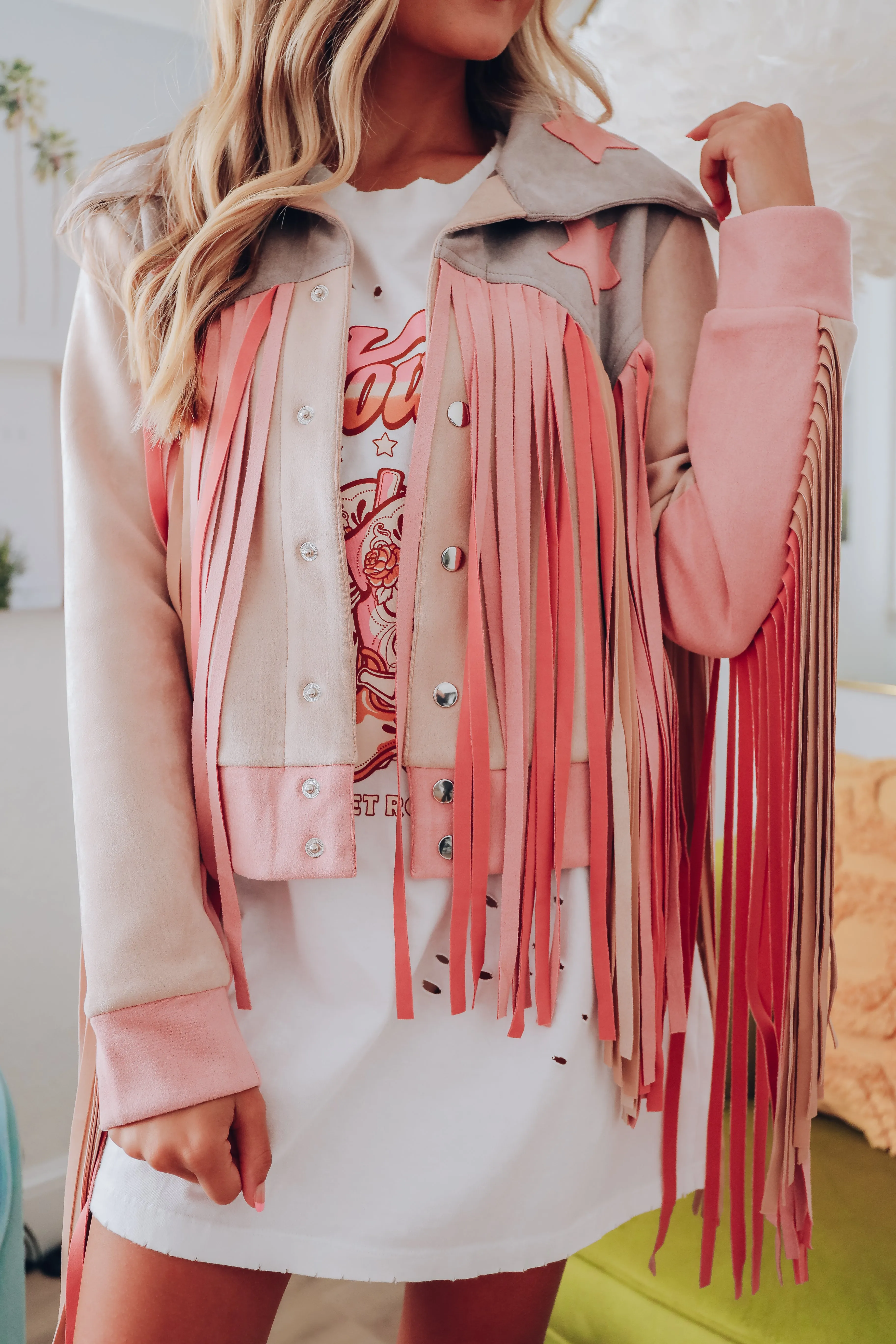 Get Up And Go Faux Suede Fringe Moto Jacket - Pink